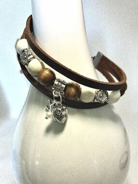 Genuine Leather Triple‑Strand Bracelet w/ Wood Beads & Dog‑Lover Charms